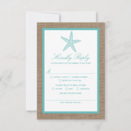 Turquoise Starfish Burlap Beach Wedding Collectie RSVP Kaartje