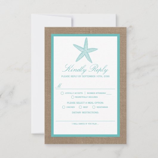 Turquoise Starfish Burlap Beach Wedding Collectie RSVP Kaartje (Voorkant)