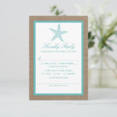 Turquoise Starfish Burlap Beach Wedding Collectie RSVP Kaartje (Staand voorkant)