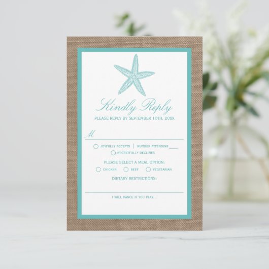 Turquoise Starfish Burlap Beach Wedding Collectie RSVP Kaartje (Staand voorkant)