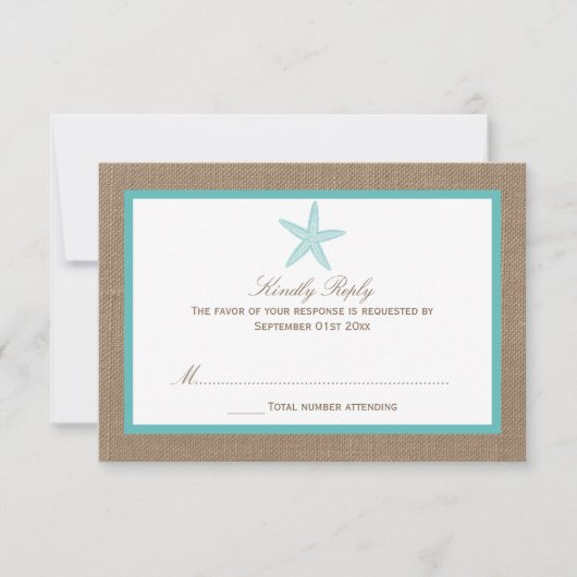 Turquoise Starfish Burlap Beach Wedding Collectie RSVP Kaartje (Voorkant)
