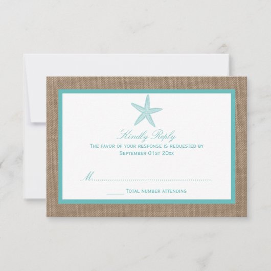 Turquoise Starfish Burlap Beach Wedding Collectie RSVP Kaartje (Voorkant)