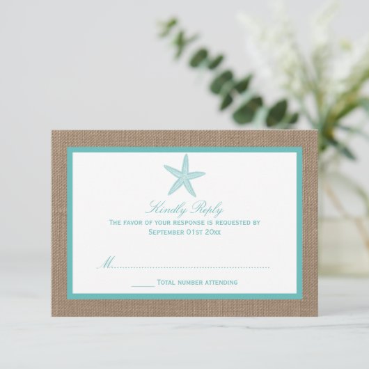 Turquoise Starfish Burlap Beach Wedding Collectie RSVP Kaartje (Staand voorkant)
