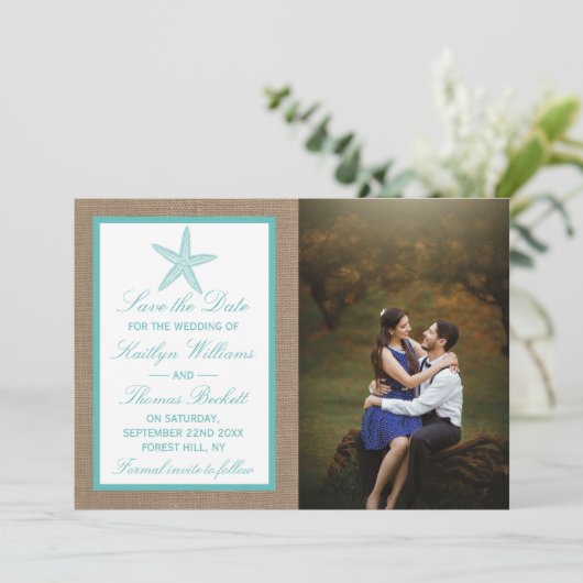Turquoise Starfish Burlap Beach Wedding Collectie Save The Date (Staand voorkant)