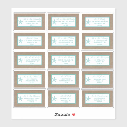 Turquoise Starfish Burlap Beach Wedding Collectie Sticker (Vel)