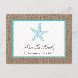 Turquoise Starfish Burlap Beach Wedding Collectie Uitnodiging Briefkaart