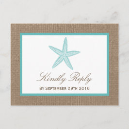 Turquoise Starfish Burlap Beach Wedding Collectie Uitnodiging Briefkaart