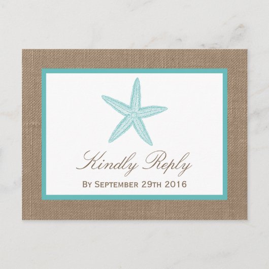 Turquoise Starfish Burlap Beach Wedding Collectie Uitnodiging Briefkaart (Voorkant)