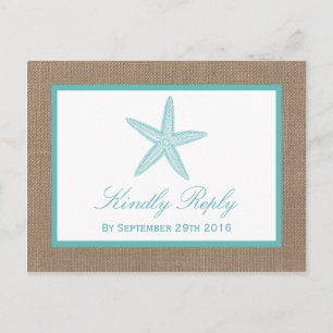 Turquoise Starfish Burlap Beach Wedding Collectie Uitnodiging Briefkaart