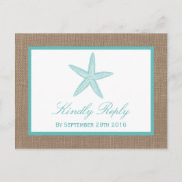 Turquoise Starfish Burlap Beach Wedding Collectie Uitnodiging Briefkaart