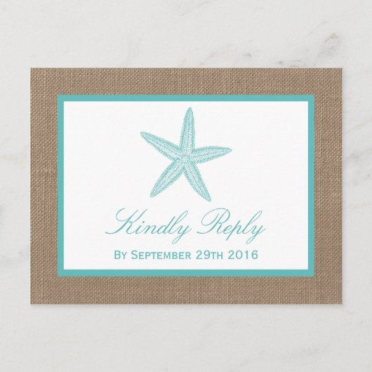Turquoise Starfish Burlap Beach Wedding Collectie Uitnodiging Briefkaart (Voorkant)