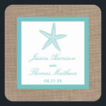 Turquoise Starfish Burlap Beach Wedding Collectie Vierkante Sticker<br><div class="desc">De turkooiszeester op het collectie van het strandbruiloft is perfect voor elk stel dat een romantisch huwelijk door het zee plant. Het rustige burlap effect achtergrond geeft deze uitnodigingen een boho-chic gevoel, terwijl de tropische turquoise een vers en koel kleurenschema heeft dat tijdens je bruiloft kan worden gebruikt. De schattige...</div>