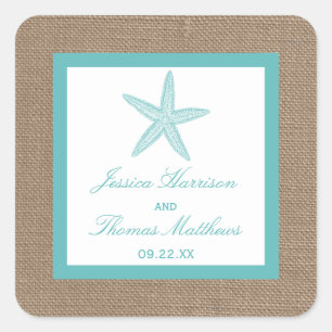 Turquoise Starfish Burlap Beach Wedding Collectie Vierkante Sticker