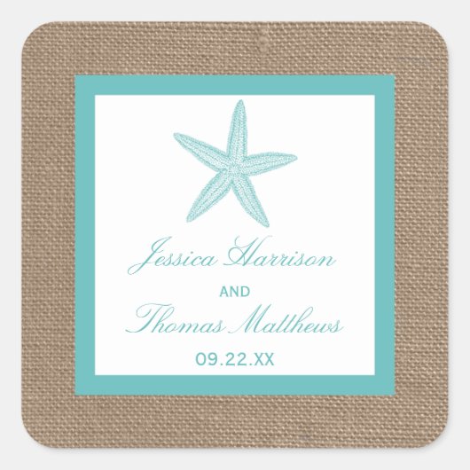 Turquoise Starfish Burlap Beach Wedding Collectie Vierkante Sticker (Voorkant)