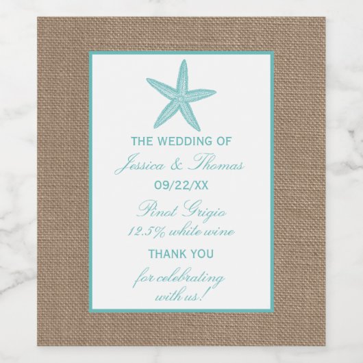 Turquoise Starfish Burlap Beach Wedding Collectie Wijn Etiket (Enkel label)