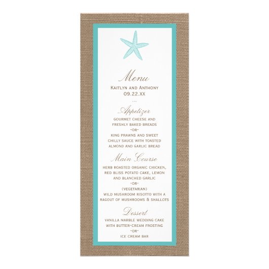 Turquoise Starfish Burlap Beach Wedding Menu (Voorkant)
