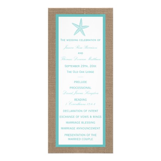 Turquoise Starfish Burlap Beach Wedding Program Reclamekaart (Voorkant)