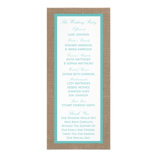 Turquoise Starfish Burlap Beach Wedding Program Reclamekaart (Achterkant)