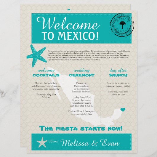 Turquoise Starfish Cancun Mexico Welkomstbrief (Voorkant / Achterkant)