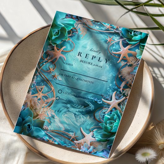 Turquoise Starfish Ocean Wedding RSVP Kaartje