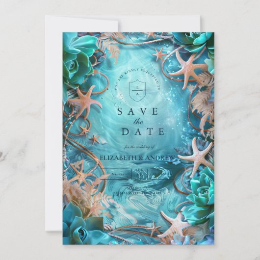 Turquoise Starfish Ocean Wedding Save The Date (Voorkant)