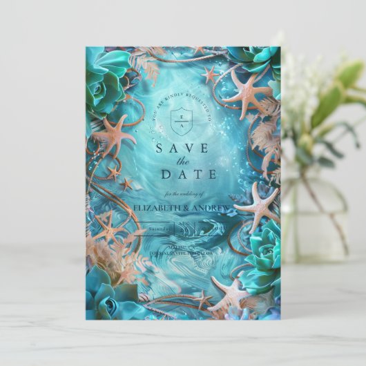 Turquoise Starfish Ocean Wedding Save The Date (Staand voorkant)