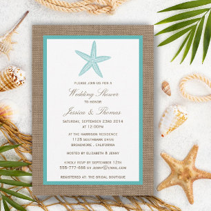 Turquoise Starfish on Burlap Beach Wedding Shower Kaart