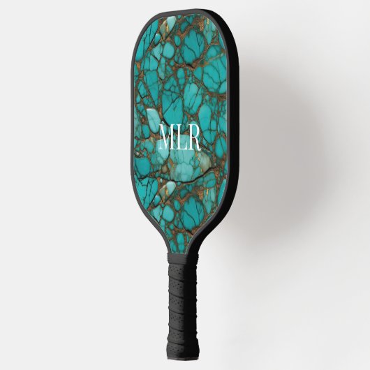 Turquoise Stenen & Bruin Faux Leder Pickleball Paddle (Links)