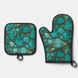 Turquoise stenen ovenwant & pannenlap set