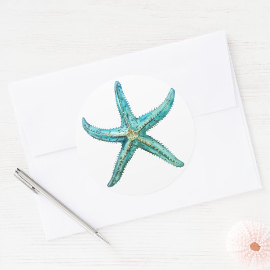 Turquoise stervis ronde sticker (Envelop)