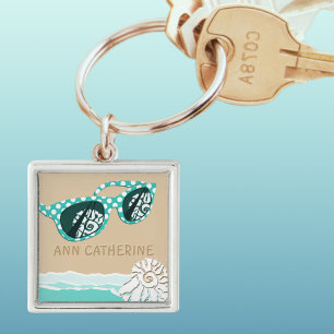 Turquoise Stippen Zon Bril Strand Schelp Naam  Sleutelhanger