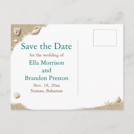 Turquoise strand zanderige tenen zoute kussen datu aankondigingskaart (Achterkant)