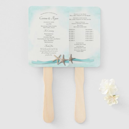 Turquoise strand zeesterren bruiloft programma handwaaier (Voorkant en achterkant)