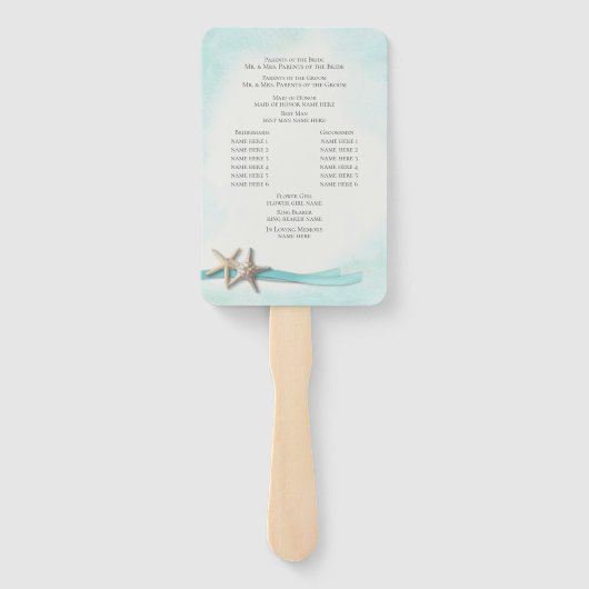 Turquoise strand zeesterren bruiloft programma handwaaier (Achterkant)