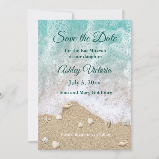 Turquoise Strandgolven Bat Mitzvah Save the Date Kaart (Voorkant)
