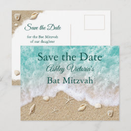 Turquoise Strandgolven Bat Mitzvah Save the Date Uitnodiging Briefkaart