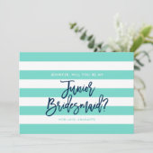 Turquoise strepen, je wordt mijn junior bruidsmeis kaart (Staand voorkant)