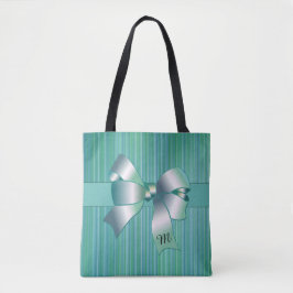 Turquoise strepen met boog tote bag