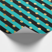 Turquoise strepen met Polka Dots Verjaardagsfeest Cadeaupapier (Hoek)
