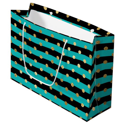 Turquoise strepen met Polka Dots Verjaardagsfeest Groot Cadeauzakje (Voorkant Gekanteld)