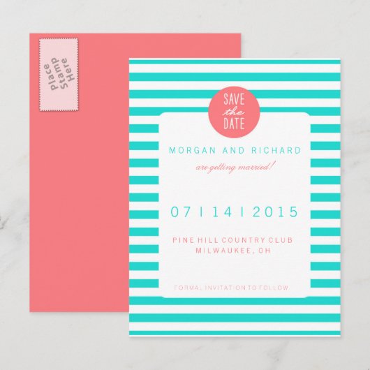 Turquoise strepen - Save the Date Briefkaarten (Voorkant / Achterkant)