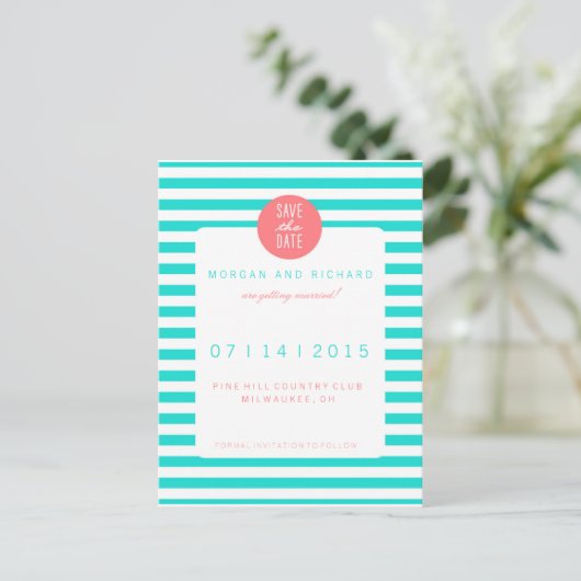 Turquoise strepen - Save the Date Briefkaarten (Staand voorkant)