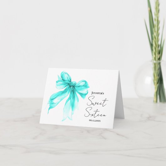 Turquoise Strikje Coquette Script Sweet 16 Bedankt (Voorkant)