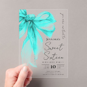 Turquoise Strikje Coquette Script Sweet 16 Feest Acryl Uitnodigingen