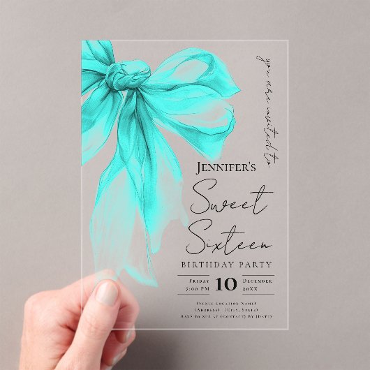 Turquoise Strikje Coquette Script Sweet 16 Feest Acryl Uitnodigingen (Insitu (Draagbaar))
