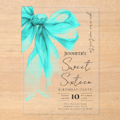 Turquoise Strikje Coquette Script Sweet 16 Feest Acryl Uitnodigingen (Voorkant)