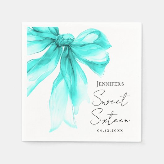 Turquoise Strikje Coquette Script Sweet 16 Feest Servet (Voorkant)