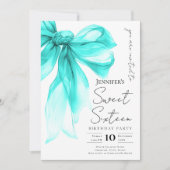 Turquoise Strikje Coquette Script Sweet 16 Feestje Kaart (Voorkant)