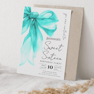 Turquoise Strikje Coquette Script Sweet 16 Feestje Kaart