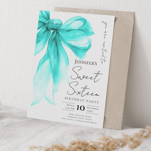 Turquoise Strikje Coquette Script Sweet 16 Feestje Kaart